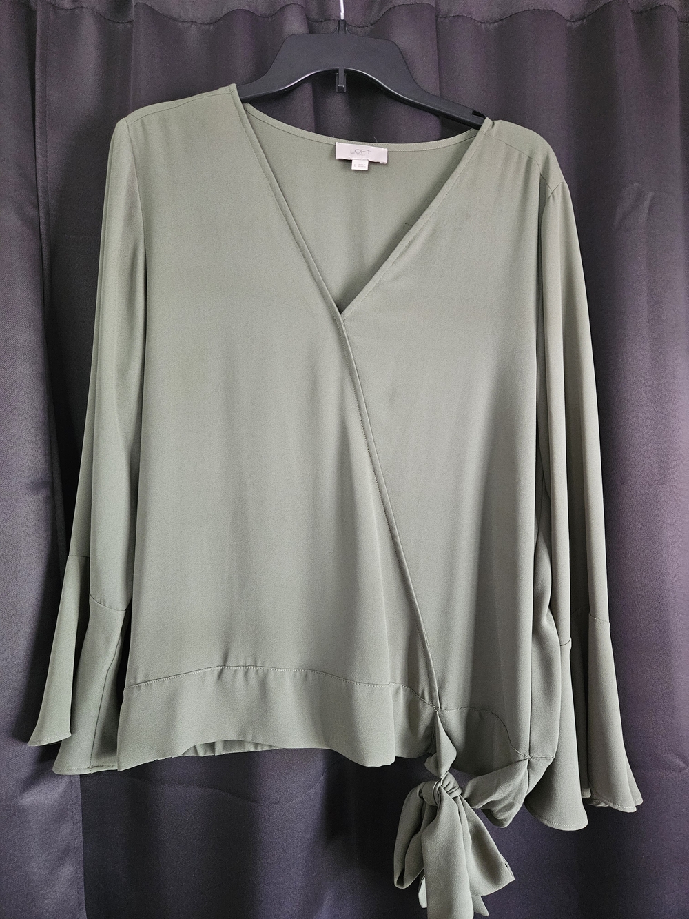 LOFT Olive Green Wrap Blouse with Side Tie